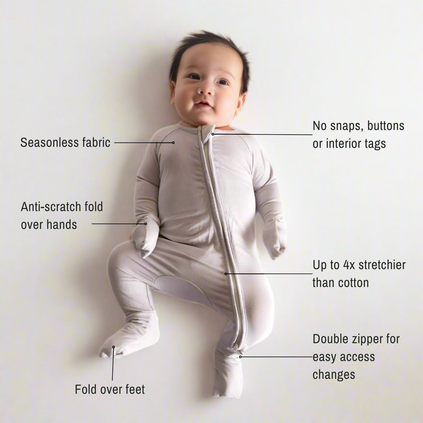 baby wearing grey pyjamas laying on back