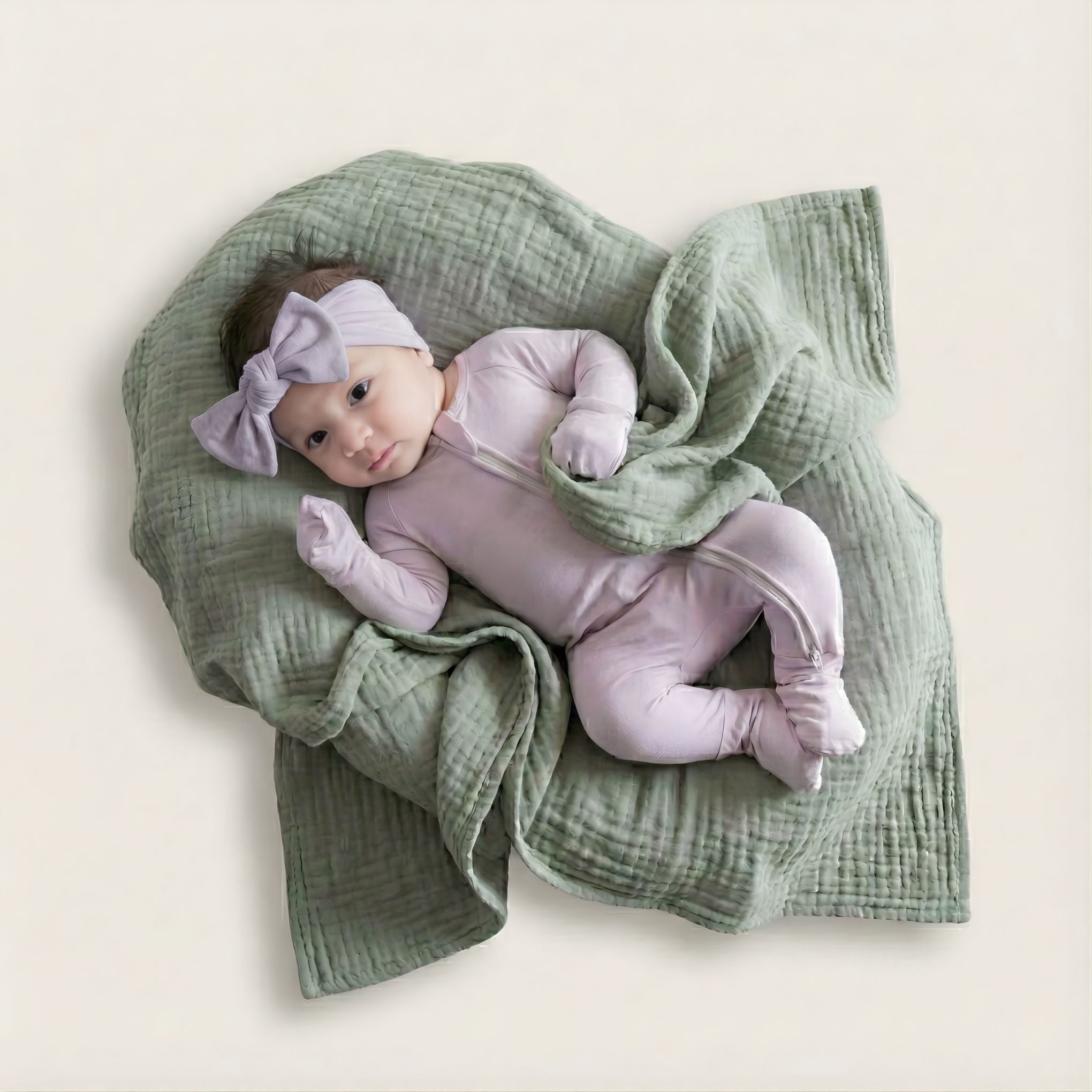 Baby girl waring lavender bow and baby grow