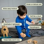 Toddler wearing deep blue bamboo baby grow