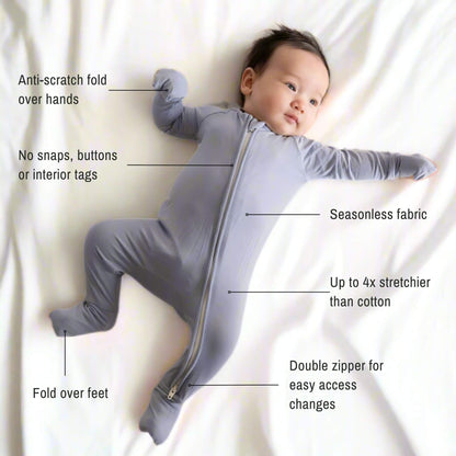 baby girl wearing blue bamboo pyjama laying on bedsheet