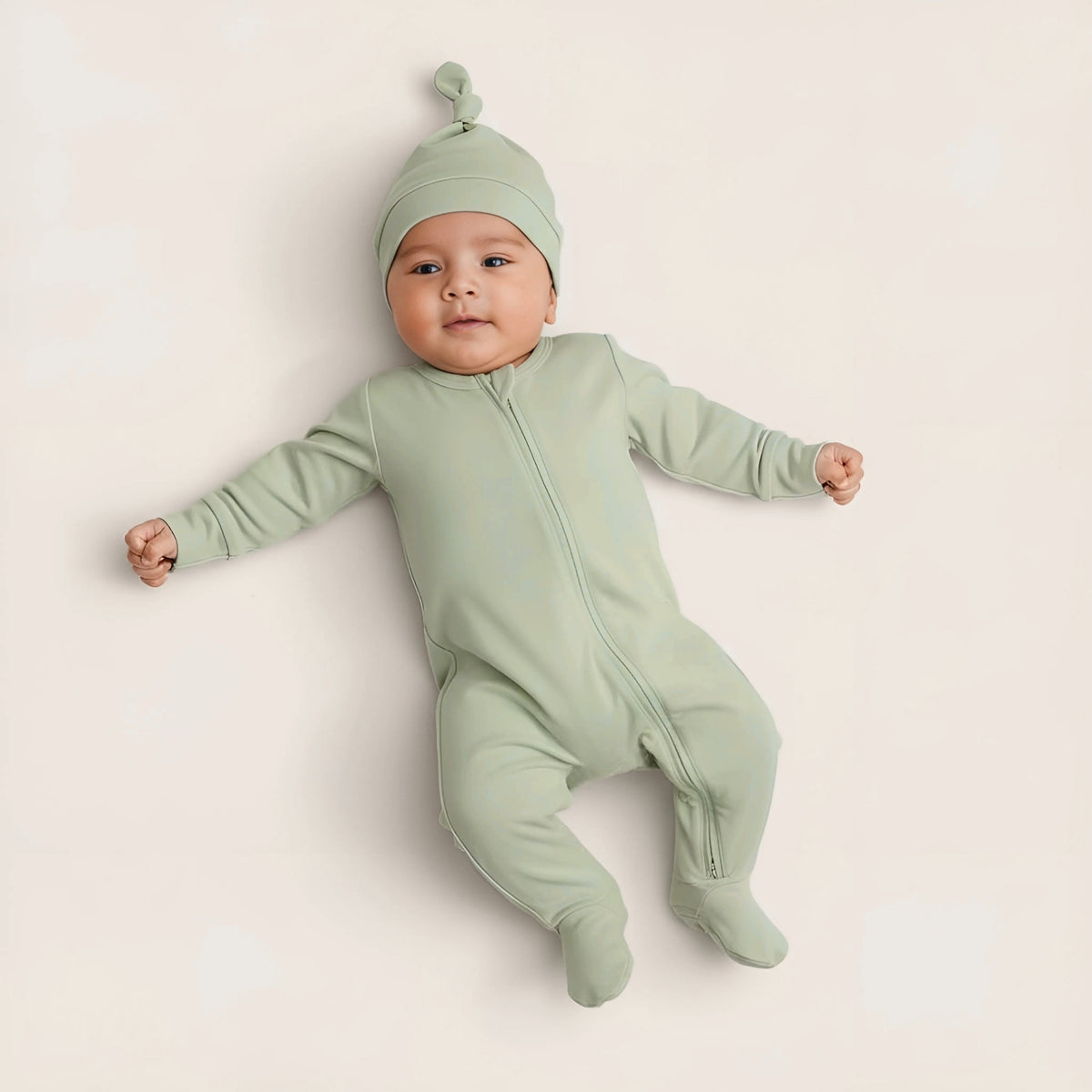Baby wearing a green onesie and hat