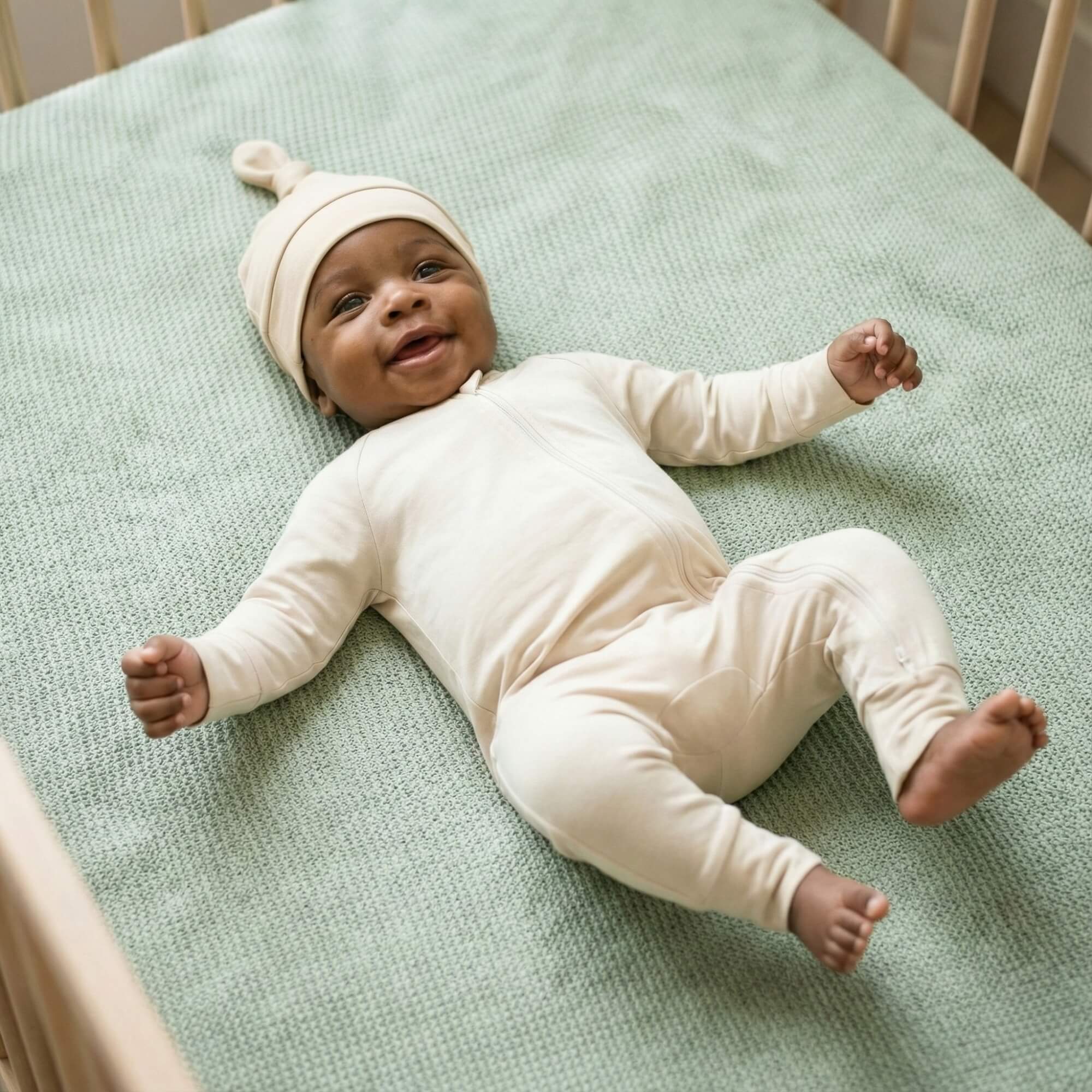 newborn wearing a light brown bamboo baby hat