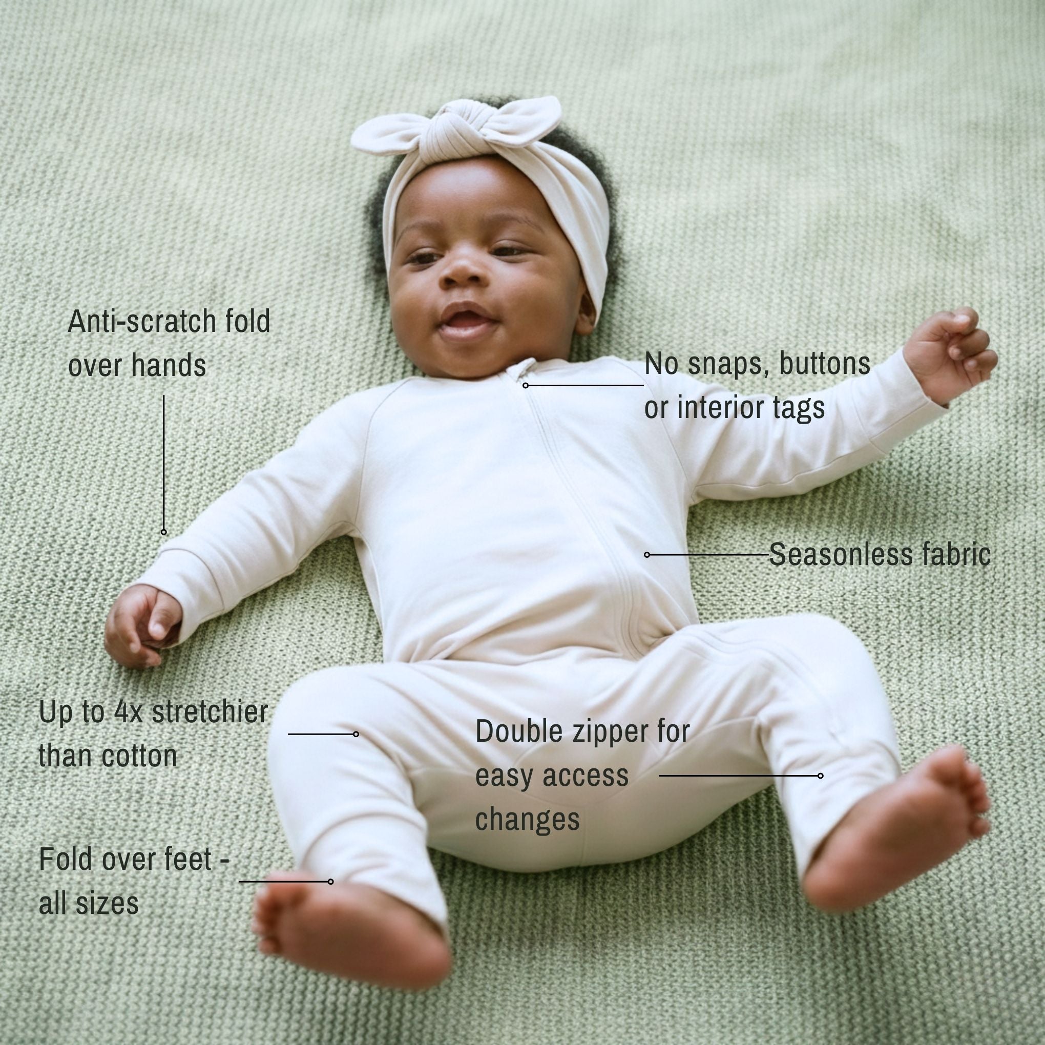 Baby wearing a light brown bamboo baby grow laying down with box