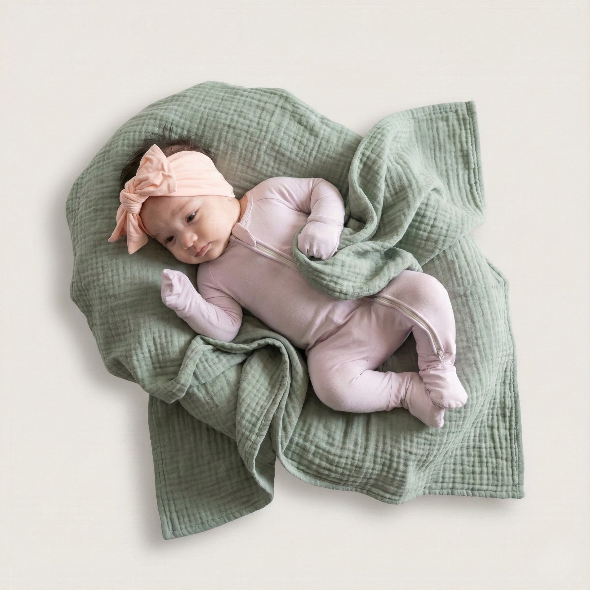 Baby girl wearing a lavender pyjamas laying on green blanket