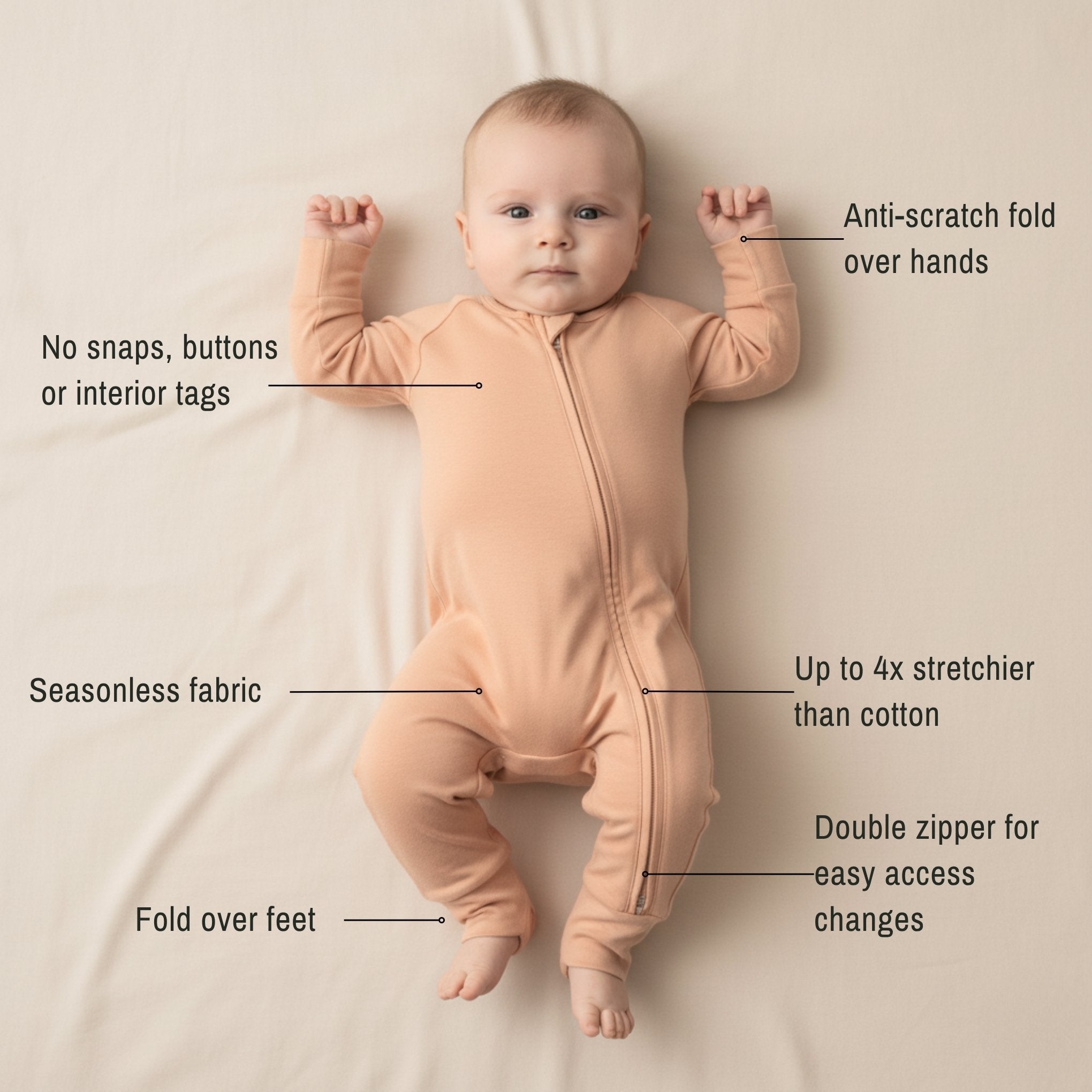 Baby in a peach onesie  laying on white background
