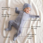 Baby wearing a blue pyjamas laying on back