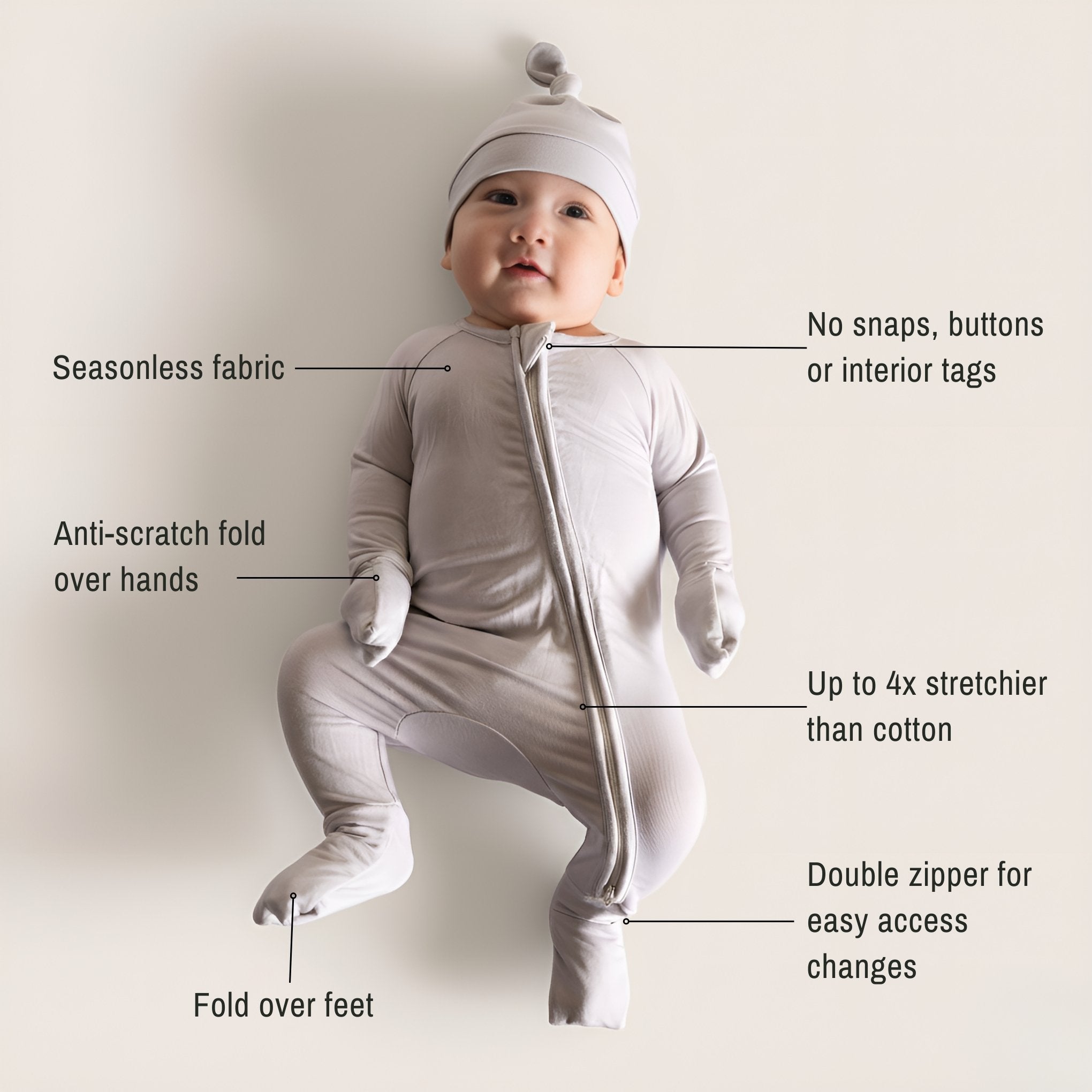 Baby wearing a light grey pyjamas laying on back