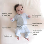 Baby wearing a light blue pyjamas laying on blanket