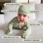 Baby wearing a green pyjamas laying on tummy