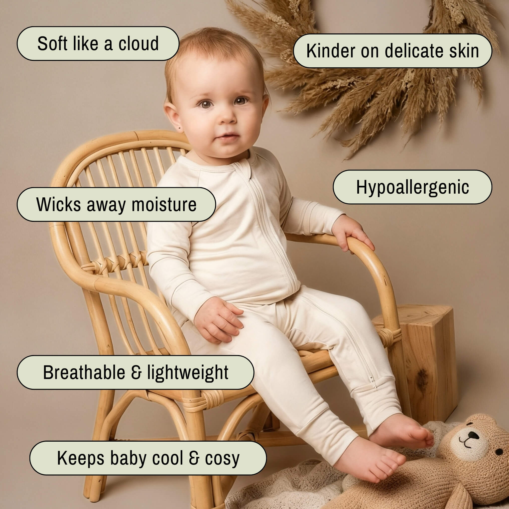 Toddler sitting in off white babygrow