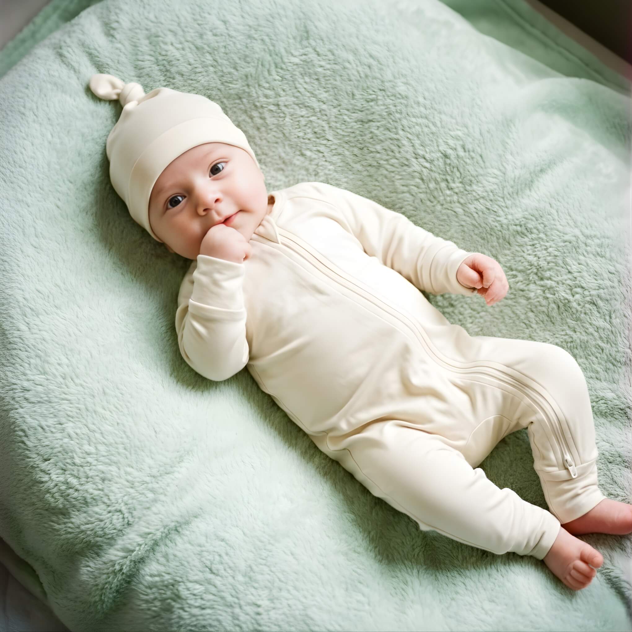 Newborn laying in off white babygrow and hat