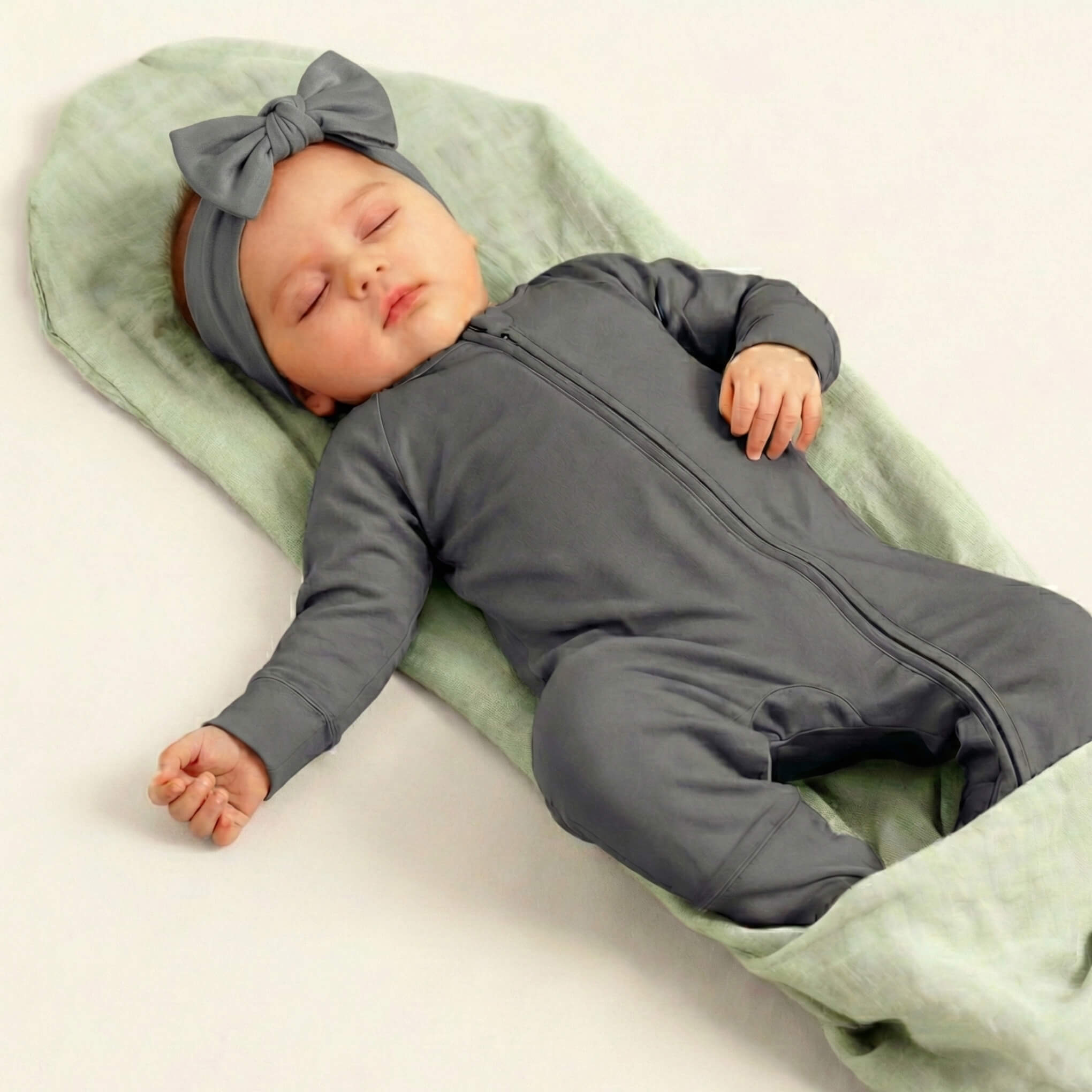 Baby sleeping in grey bamboo baby grow