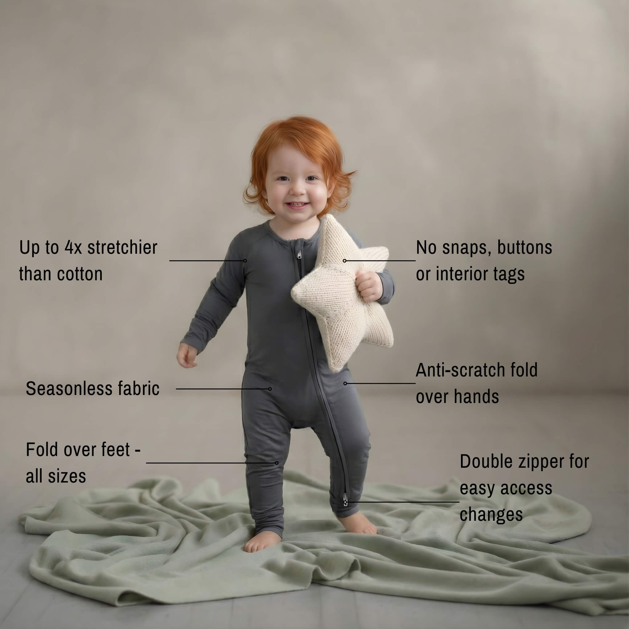 toddler standing grey bamboo baby grow in studio