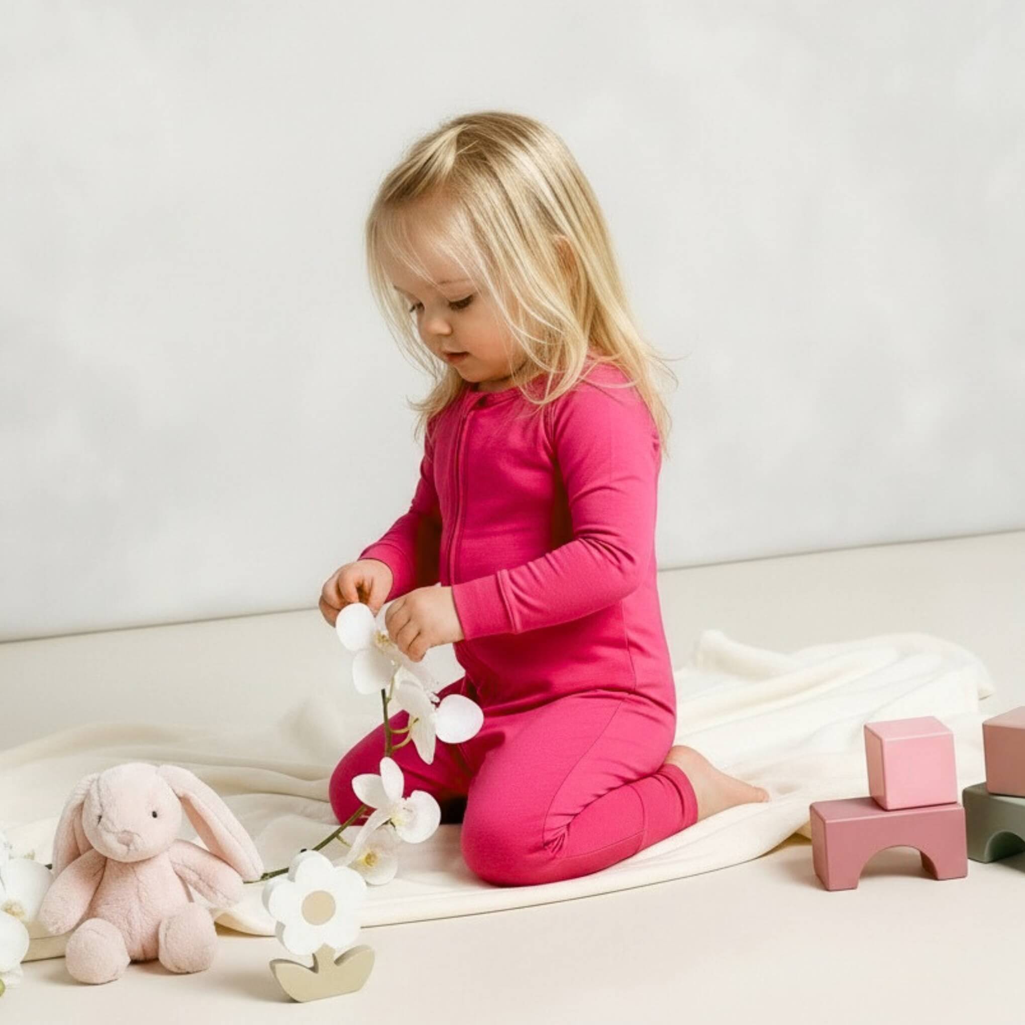 toddler girl wearing pink bamboo babygrow kneeling
