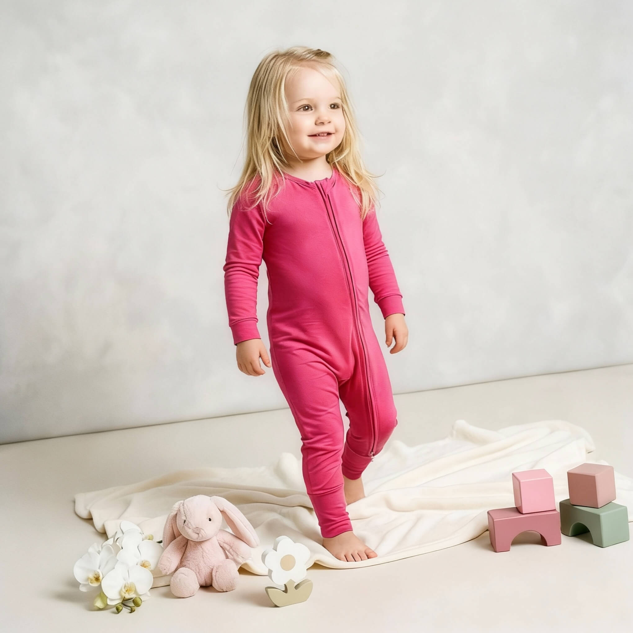 toddler girl wearing pink bamboo babygrow standing