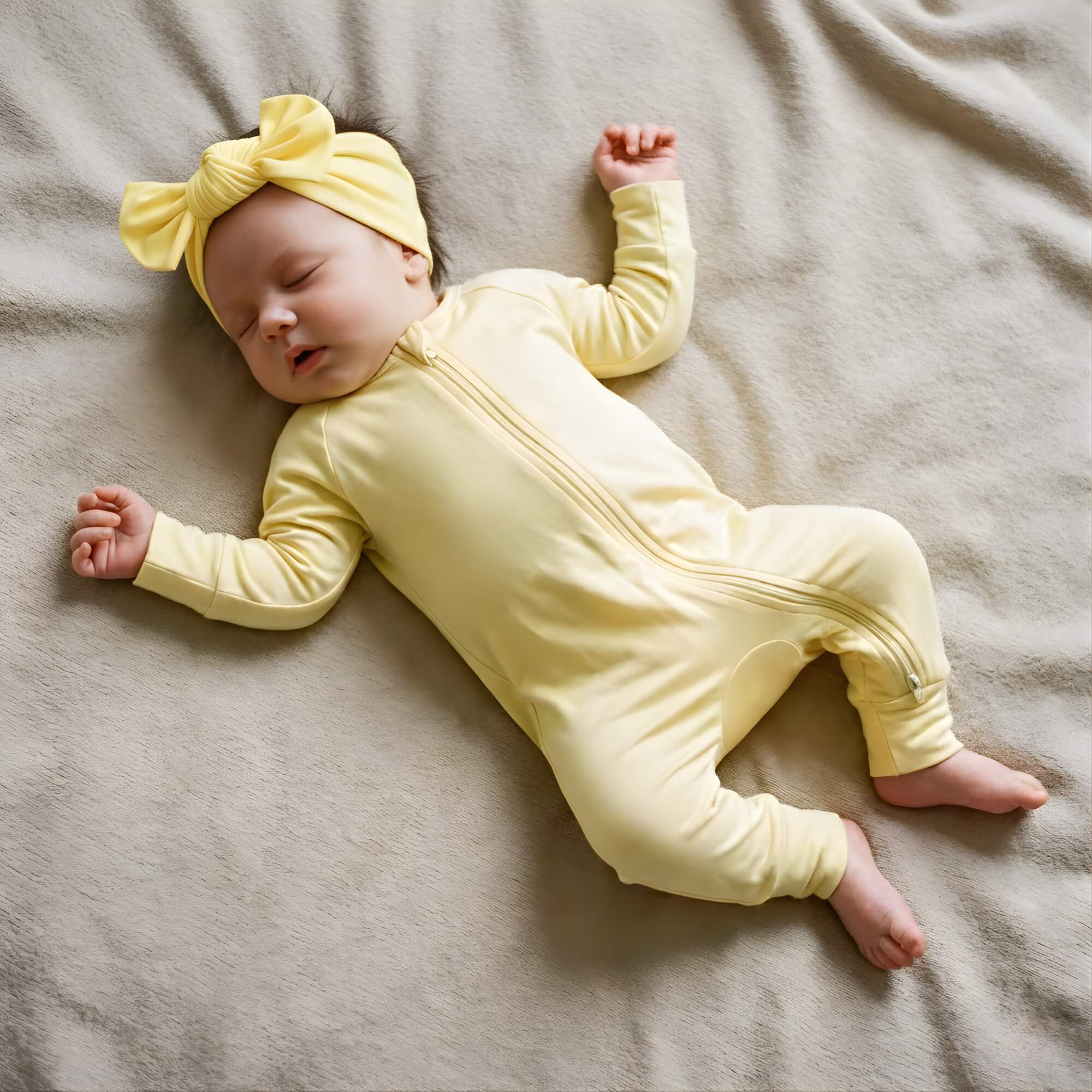 Newborn sleeping in yellow bamboo baby grow and bow