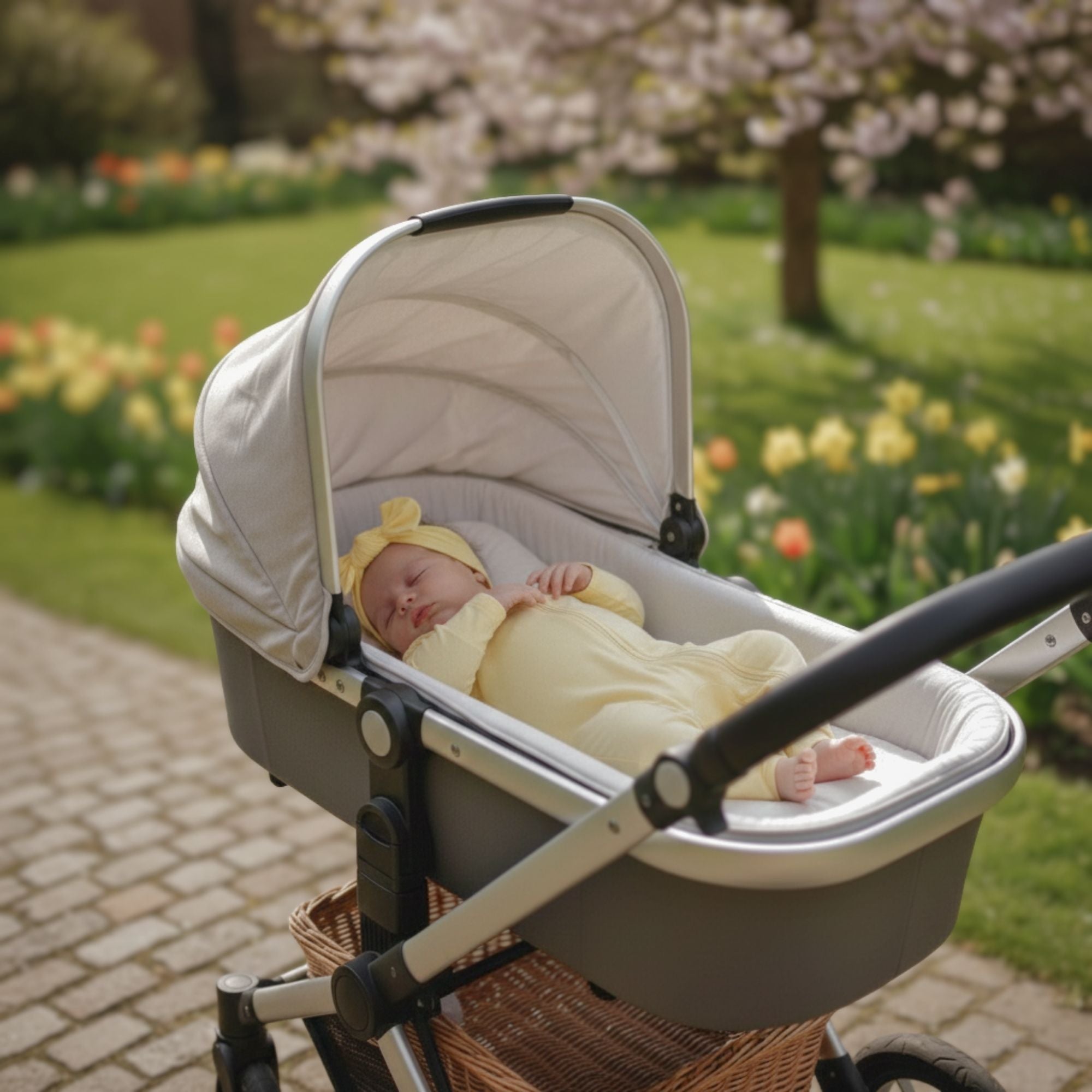 Newborn sleeping in buggy in yellow bamboo baby grow and bow