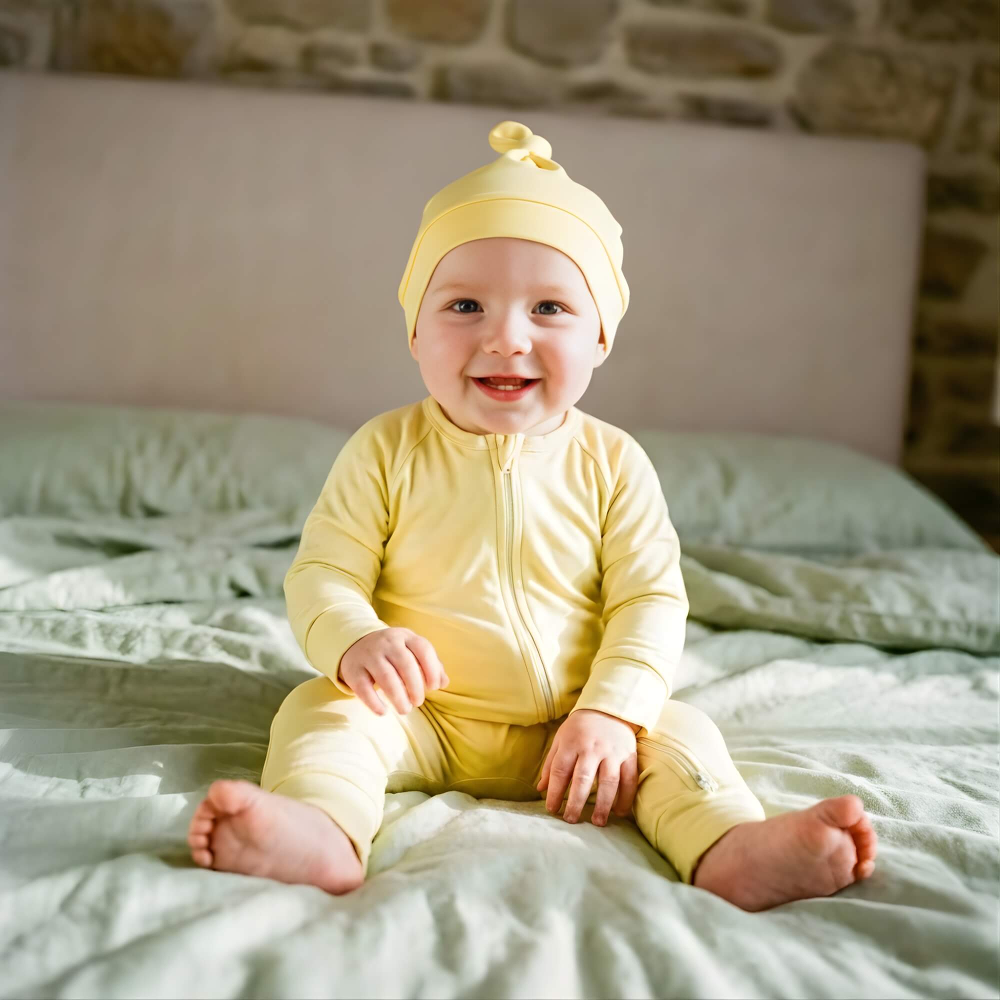 toddler sitting on bed wearing yellow bamboo hat