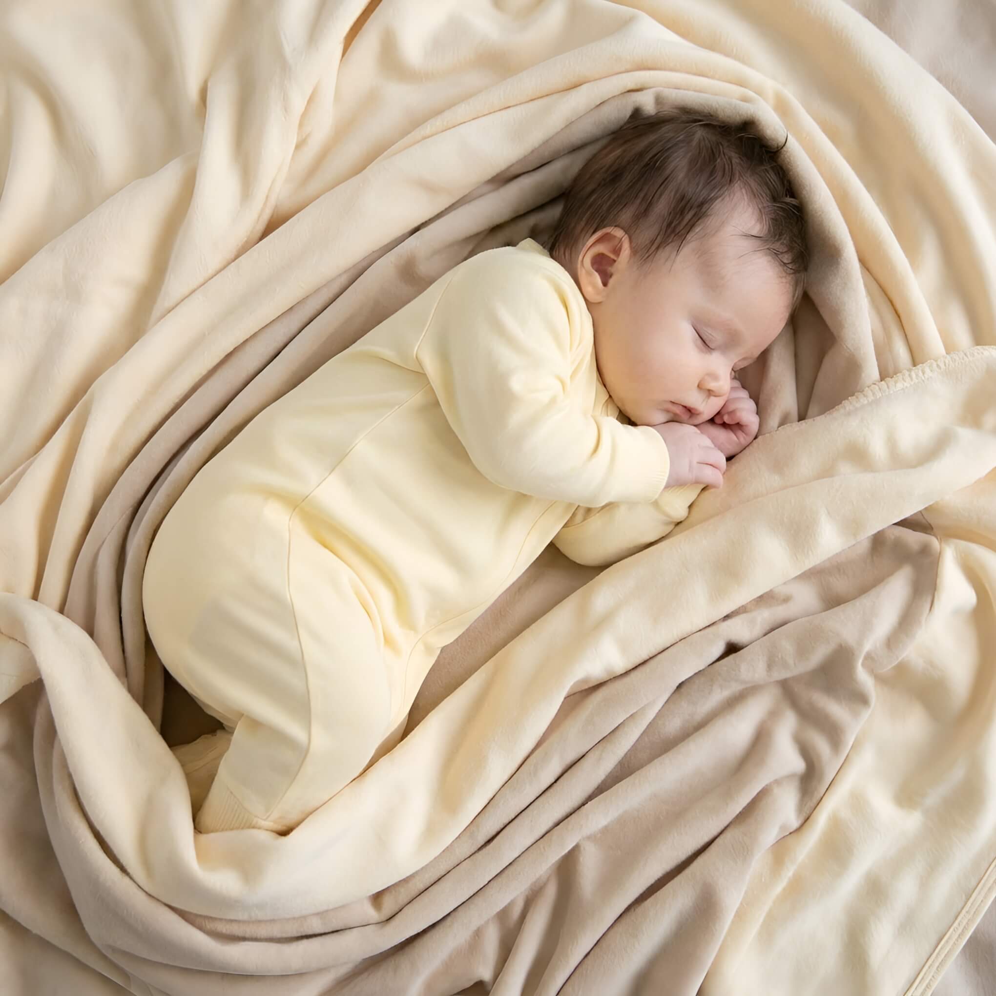 Newborn wearing yellow baby grow sleeping wrapped in blanket