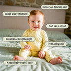 Toddler wearing yellow baby grow sitting on bed