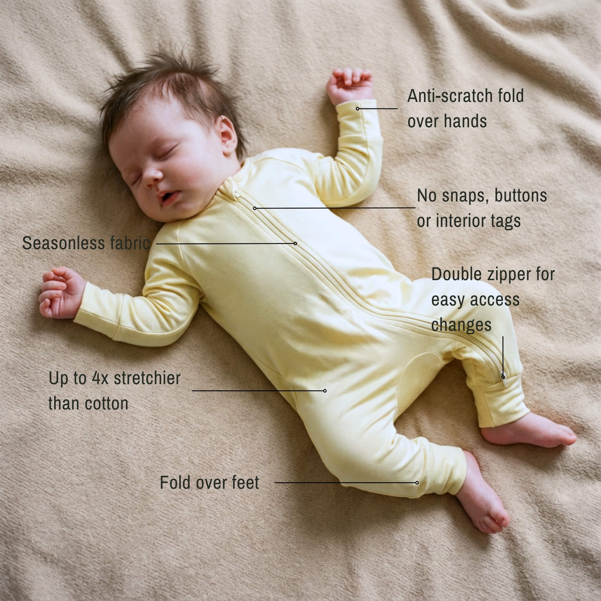 Newborn wearing yellow baby grow sleeping
