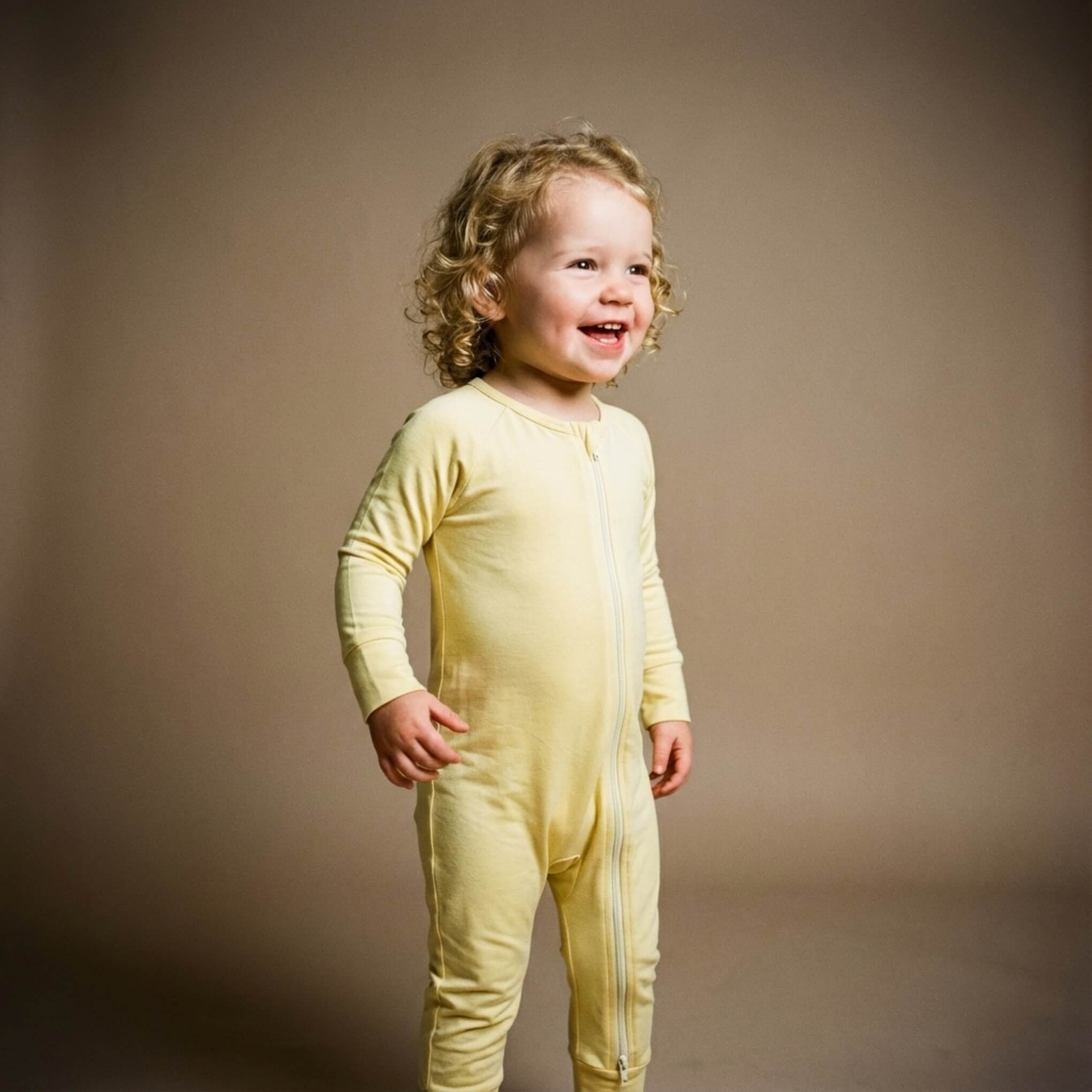 Toddler wearing yellow baby grow standing smilling