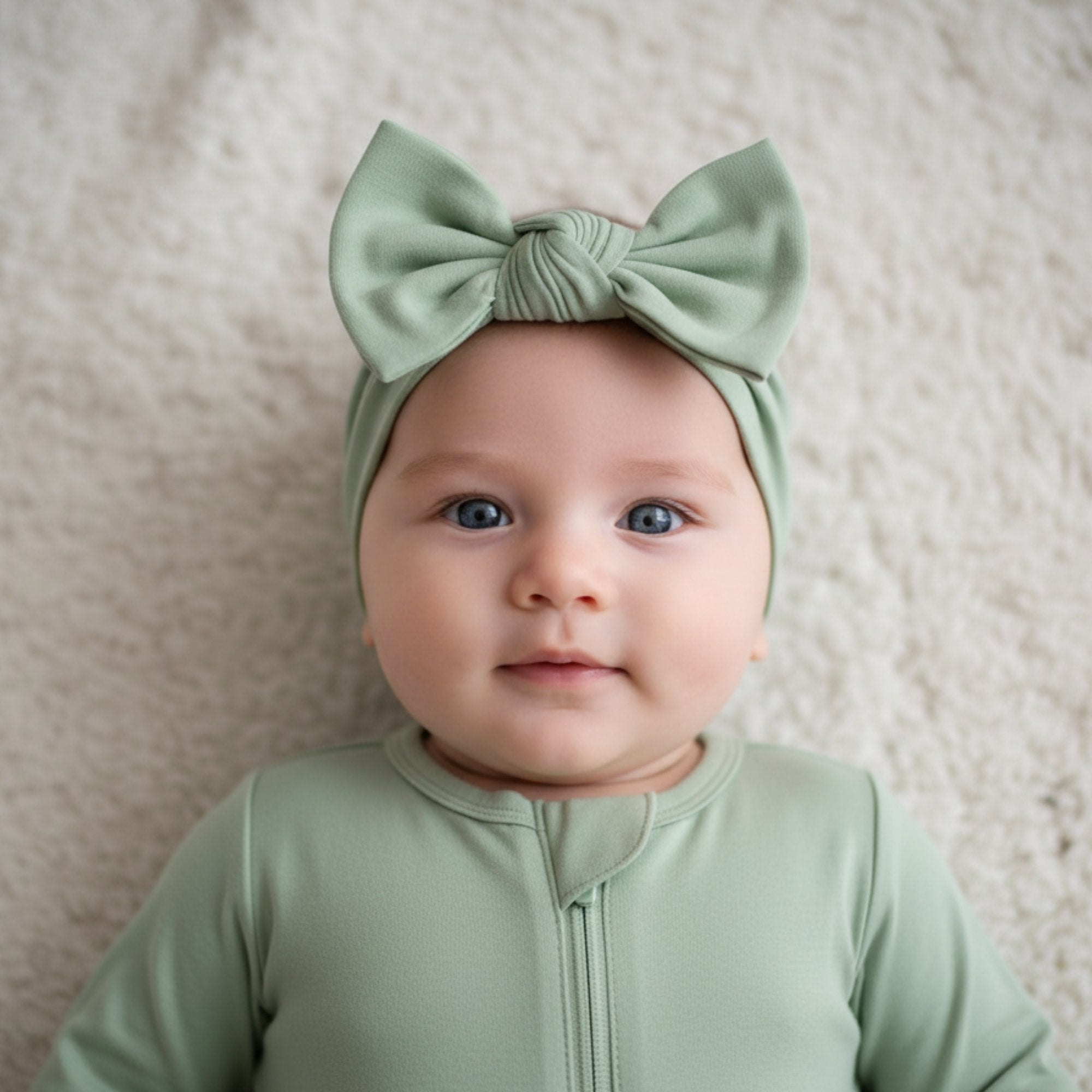 Baby wearing a green outfit and headband with a bow